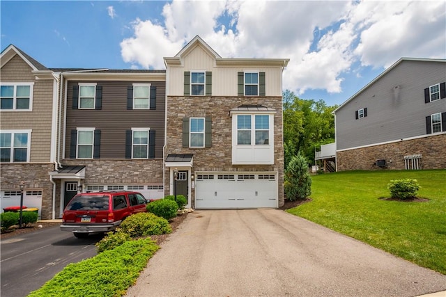 152 Cole Dr, Robinson Twp, PA 15136 - view of front facade with stone siding, asphalt driveway, a garage, a front lawn, and board and batten siding