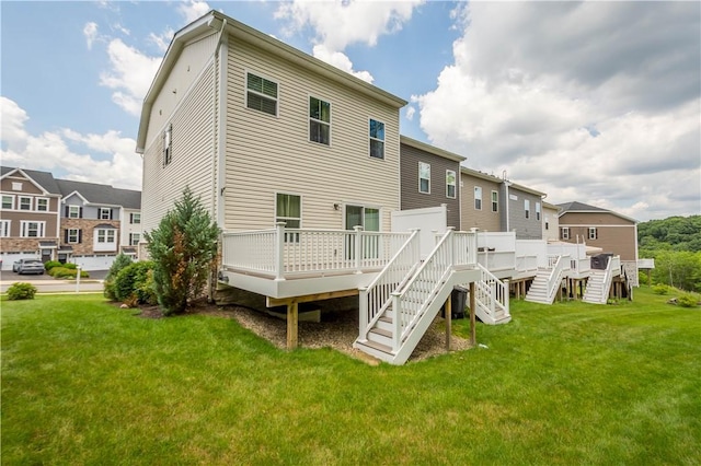 152 Cole Dr, Robinson Twp, PA 15136 - back of property featuring a wooden deck, a yard, a residential view, and stairs