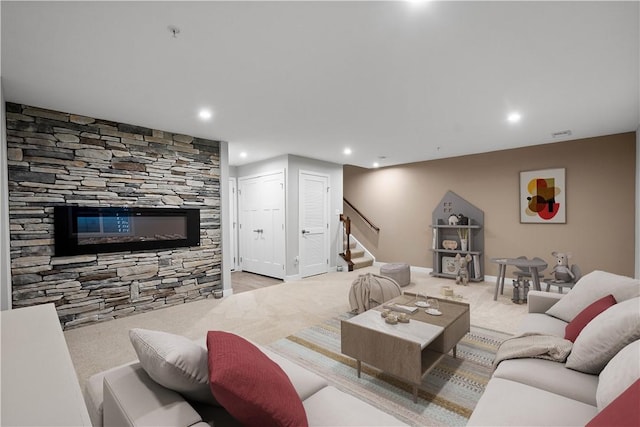 152 Cole Dr, Robinson Twp, PA 15136 - carpeted living area featuring stairs and recessed lighting