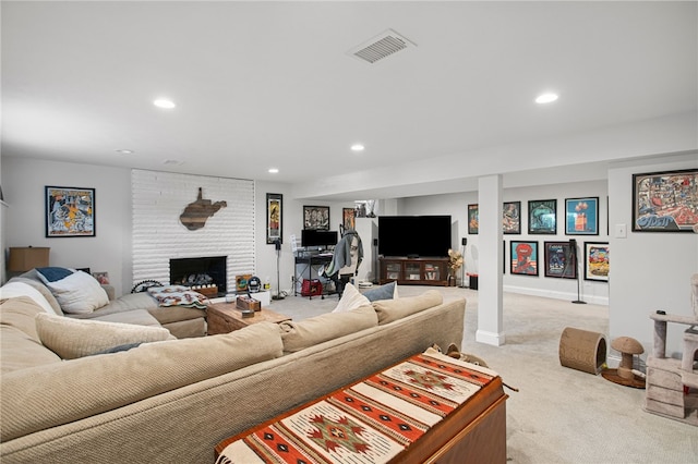 68 Cynthia Dr, Carnegie, PA 15106 - living area with carpet, recessed lighting, and a brick fireplace