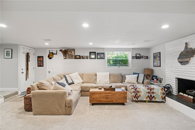 68 Cynthia Dr, Carnegie, PA 15106 - carpeted living room featuring recessed lighting and a large fireplace