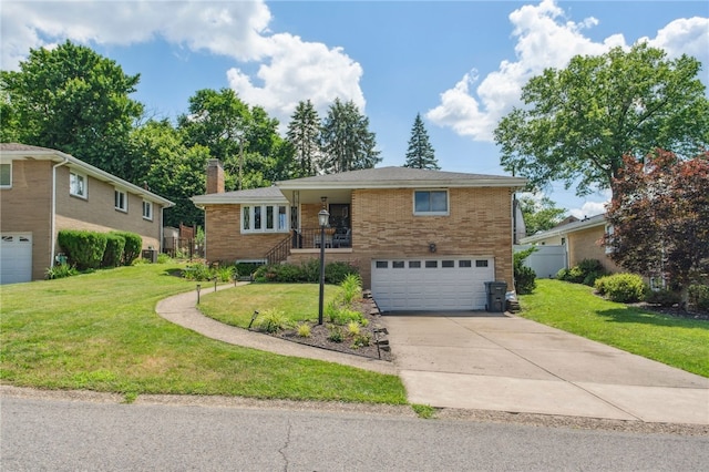 68 Cynthia Dr, Carnegie, PA 15106 - view of front facade featuring a garage, a chimney, driveway, a front yard, and brick siding