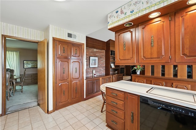 566 Ridgeview Rd, East Huntingdon, PA 15666 - kitchen featuring black dishwasher, wallpapered walls, brown cabinetry, light countertops, and light tile patterned floors