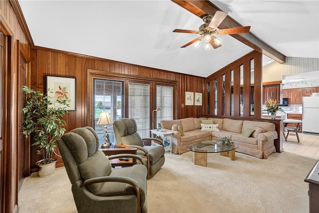 566 Ridgeview Rd, East Huntingdon, PA 15666 - living room featuring wooden walls, light colored carpet, and a ceiling fan