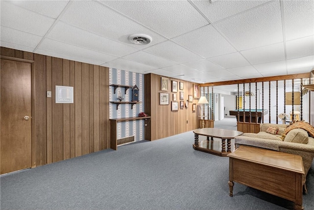 566 Ridgeview Rd, East Huntingdon, PA 15666 - carpeted living room featuring a drop ceiling and wooden walls