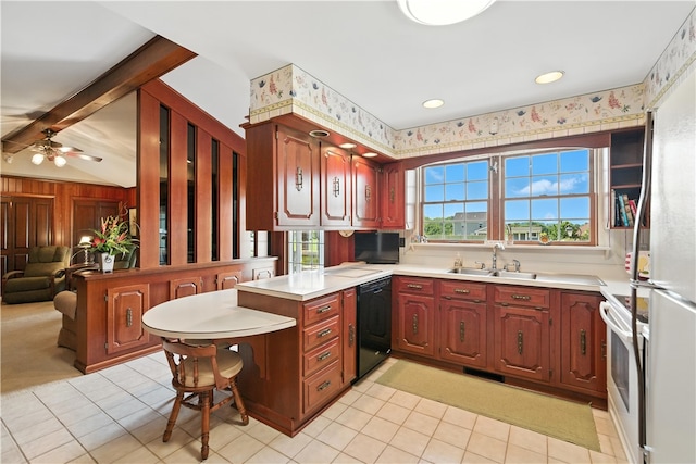 566 Ridgeview Rd, East Huntingdon, PA 15666 - kitchen featuring black dishwasher, a peninsula, open floor plan, a ceiling fan, and range