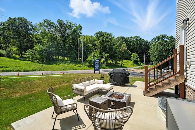 124 Rivulet Pl, Jackson Twp, PA 16063 - view of patio featuring an outdoor living space with a fire pit, area for grilling, and stairs