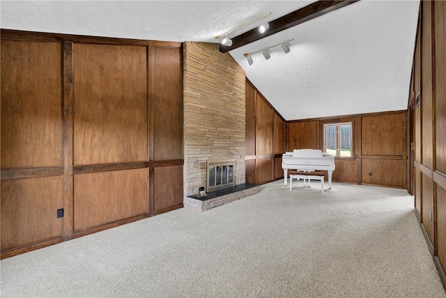 102 Barnwood Ln, Ross Twp, PA 15237 - carpeted living area featuring track lighting, a textured ceiling, wooden walls, and a stone fireplace