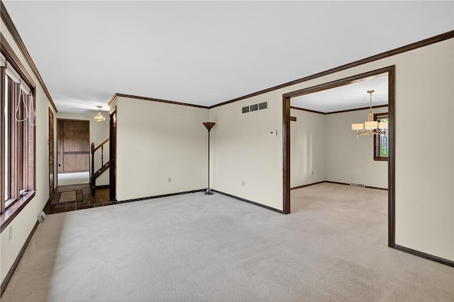 102 Barnwood Ln, Ross Twp, PA 15237 - empty room with crown molding, a chandelier, light carpet, and stairs