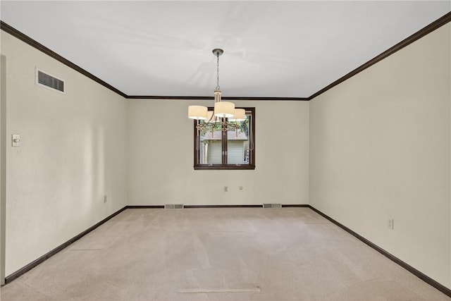 102 Barnwood Ln, Ross Twp, PA 15237 - spare room featuring light colored carpet, a chandelier, and crown molding
