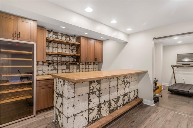 109 Overbrook Dr, Cranberry Twp, PA 16066 - indoor bar with wine cooler, light wood finished floors, backsplash, and recessed lighting