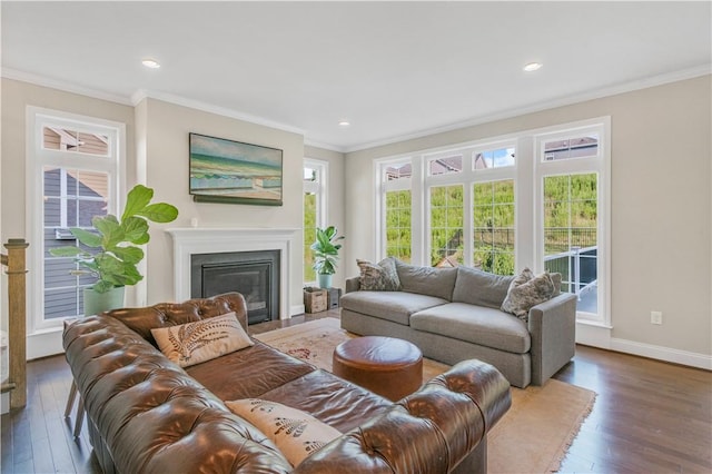 109 Overbrook Dr, Cranberry Twp, PA 16066 - living room featuring ornamental molding, healthy amount of natural light, wood finished floors, a glass covered fireplace, and recessed lighting