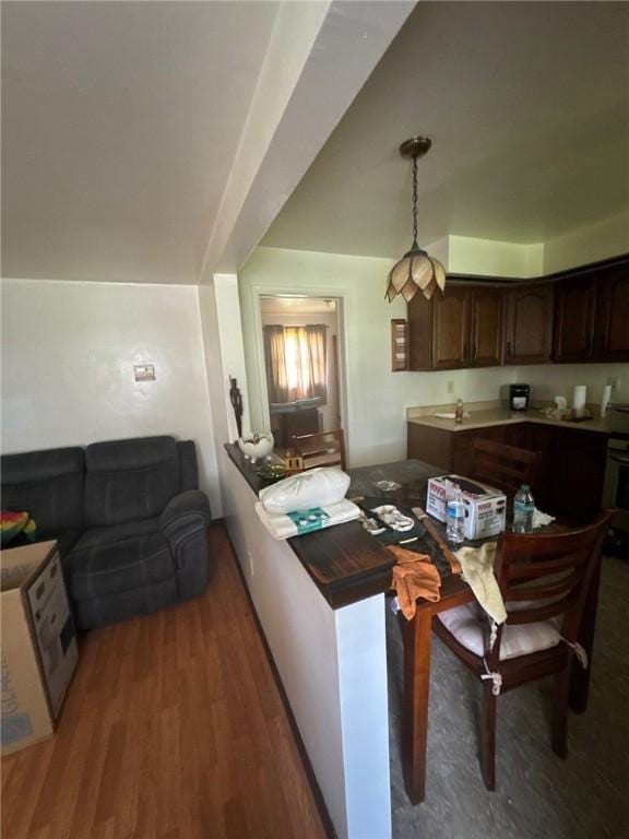 6036 Sawyer St, Lawrenceville, PA 15201 - kitchen featuring wood finished floors, dark brown cabinetry, and pendant lighting