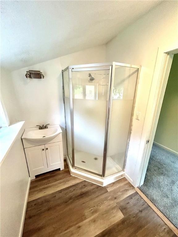 718 Breakneck Rd, Bullskin Twp, PA 15425 - full bath with vanity, wood finished floors, a shower stall, and vaulted ceiling