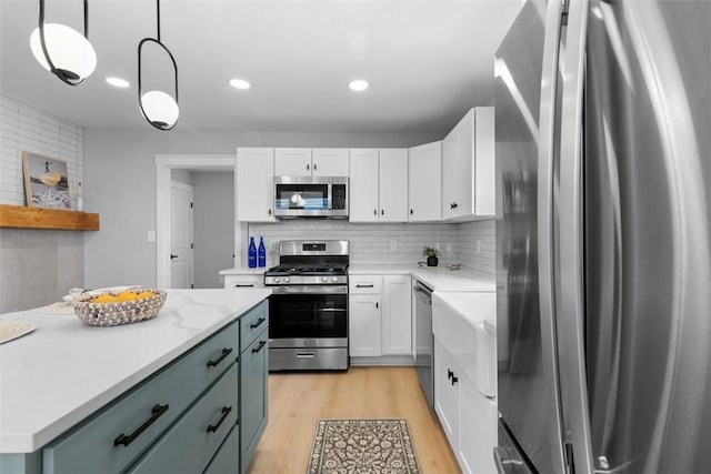 1610 Duffield St, Morningside, PA 15206 - kitchen with stainless steel appliances, white cabinets, light wood finished floors, decorative backsplash, and recessed lighting