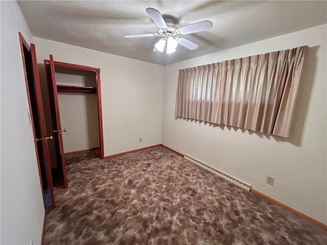 130 Overlook Dr, Brighton Twp, PA 15009 - unfurnished bedroom featuring baseboard heating, carpet, a closet, and ceiling fan