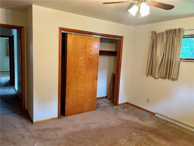 130 Overlook Dr, Brighton Twp, PA 15009 - unfurnished bedroom with carpet, a baseboard heating unit, a closet, and ceiling fan