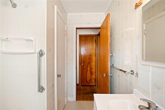 1837 Stoystown, Somerset Twp, PA 15541 - bathroom featuring tile walls, ornamental molding, and vanity