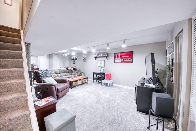5215 Caste Dr, Whitehall, PA 15236 - living room featuring carpet floors, stairway, and rail lighting