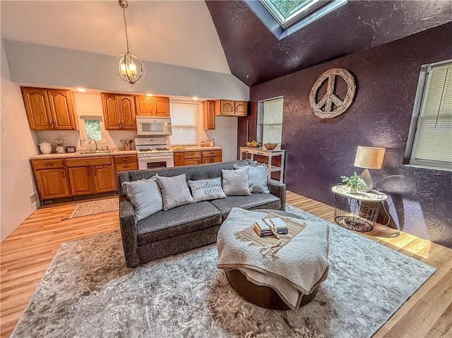 808 Thompson Run Rd, Springdale Twp, PA 15049 - living area featuring a skylight, light wood finished floors, and vaulted ceiling