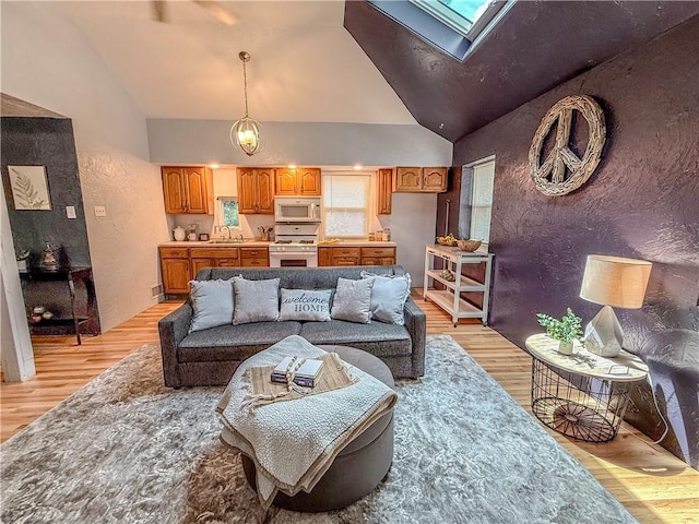 808 Thompson Run Rd, Springdale Twp, PA 15049 - living room with light wood-style flooring, a skylight, high vaulted ceiling, healthy amount of natural light, and a textured wall