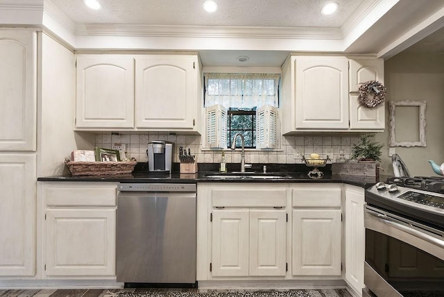 1115 Valleyview Dr, Cecil, PA 15055 - kitchen with stainless steel appliances, crown molding, dark countertops, and decorative backsplash