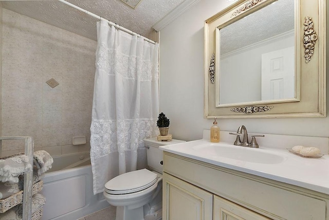 1115 Valleyview Dr, Cecil, PA 15055 - bathroom featuring vanity, ornamental molding, a textured ceiling, shower / bath combo, and tile patterned floors