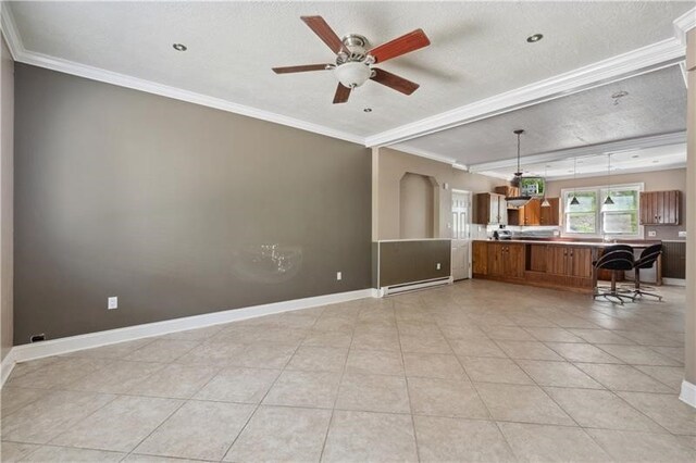 2617-2619 Spring Garden Ave, Spring Garden, PA 15212 - living area featuring ceiling fan, light tile patterned floors, a baseboard heating unit, crown molding, and a textured ceiling