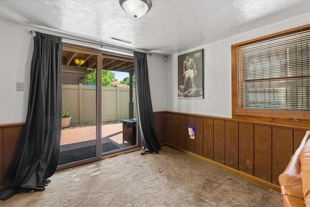 2912 Vinton, Sheraden, PA 15204 - spare room featuring a textured ceiling, carpet flooring, wainscoting, and wood walls