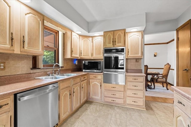 2912 Vinton, Sheraden, PA 15204 - kitchen featuring appliances with stainless steel finishes, a warming drawer, light brown cabinets, decorative backsplash, and recessed lighting