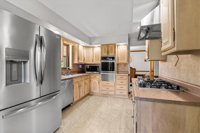 2912 Vinton, Sheraden, PA 15204 - kitchen featuring appliances with stainless steel finishes, wall chimney exhaust hood, a warming drawer, light brown cabinetry, and tasteful backsplash