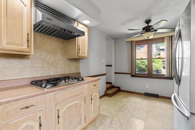 2912 Vinton, Sheraden, PA 15204 - kitchen with stainless steel appliances, exhaust hood, light brown cabinetry, a ceiling fan, and light countertops