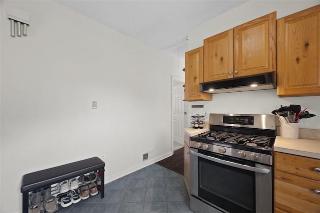 108 Republic Ave, Indiana Twp, PA 15051 - kitchen featuring stainless steel range with gas stovetop, under cabinet range hood, dark tile patterned flooring, light countertops, and brown cabinets