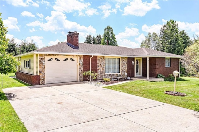1515 George St, Unity Twp, PA 15650 - single story home with an attached garage, a chimney, driveway, a front lawn, and brick siding