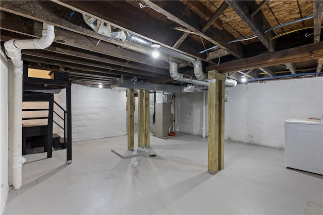 3322 Webster Ave, Schenley Heights, PA 15219 - unfinished below grade area featuring washer / dryer, heating unit, and stairs