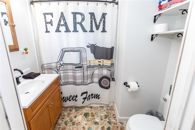 132 Spaugy Hollow Rd, Bullskin Twp, PA 15425 - bathroom with vanity, a shower with shower curtain, and stone finish floors