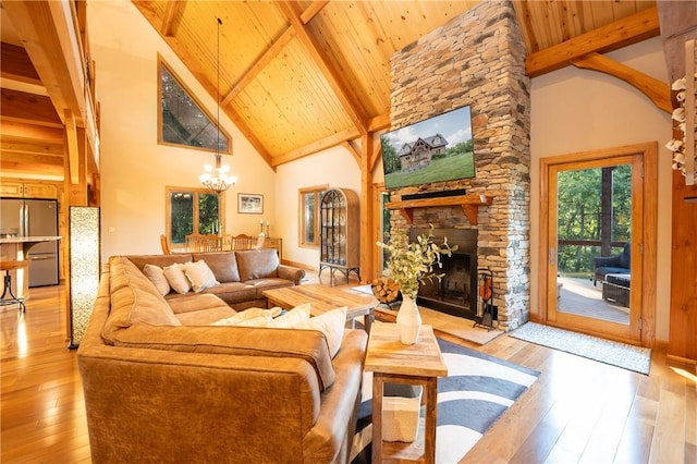 2780 Ipnar Rd, North Huntingdon, PA 15642 - living room featuring a wood ceiling with exposed beams, wood-type flooring, a chandelier, high vaulted ceiling, and a stone fireplace