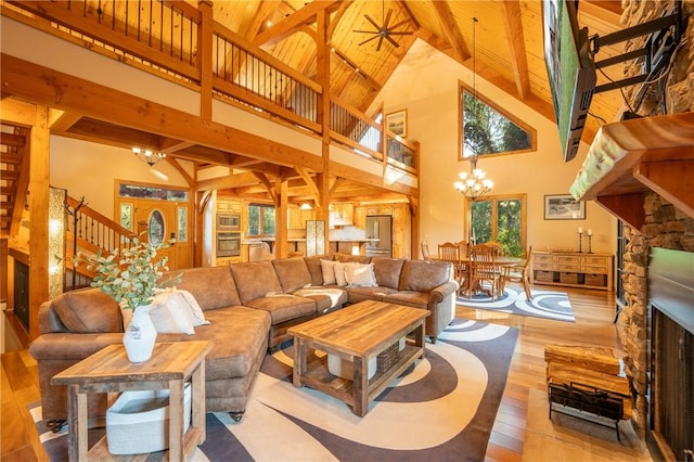 2780 Ipnar Rd, North Huntingdon, PA 15642 - living room featuring a chandelier, high vaulted ceiling, hardwood / wood-style flooring, beam ceiling, and stairway