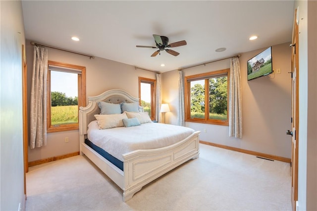 2780 Ipnar Rd, North Huntingdon, PA 15642 - bedroom with light carpet, recessed lighting, and a ceiling fan