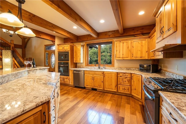 2780 Ipnar Rd, North Huntingdon, PA 15642 - kitchen featuring black appliances, light wood-type flooring, beam ceiling, light stone counters, and pendant lighting