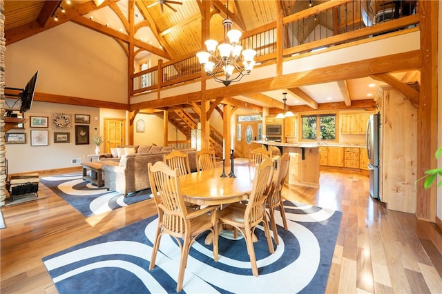 2780 Ipnar Rd, North Huntingdon, PA 15642 - dining space featuring high vaulted ceiling, a chandelier, a wood ceiling with exposed beams, and light wood-style flooring