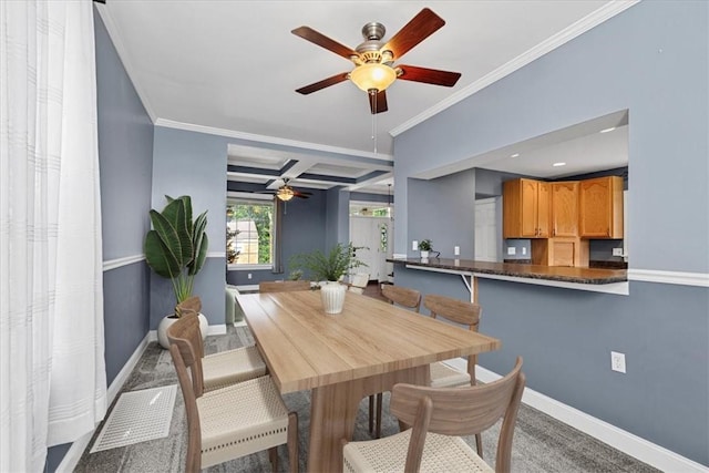 224 Bronx Ave, West View, PA 15229 - dining space featuring ceiling fan, ornamental molding, carpet, beam ceiling, and coffered ceiling