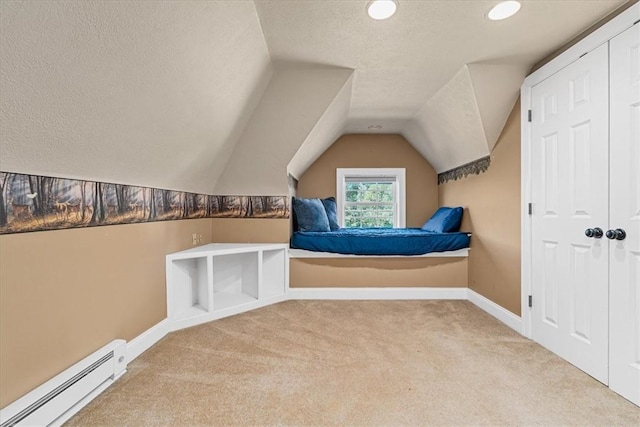 224 Bronx Ave, West View, PA 15229 - additional living space featuring a baseboard radiator, carpet floors, lofted ceiling, a textured ceiling, and recessed lighting