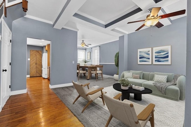 224 Bronx Ave, West View, PA 15229 - living area featuring a ceiling fan, coffered ceiling, wood finished floors, crown molding, and beamed ceiling