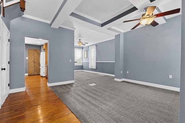 224 Bronx Ave, West View, PA 15229 - unfurnished living room featuring a ceiling fan, ornamental molding, coffered ceiling, beamed ceiling, and wood finished floors