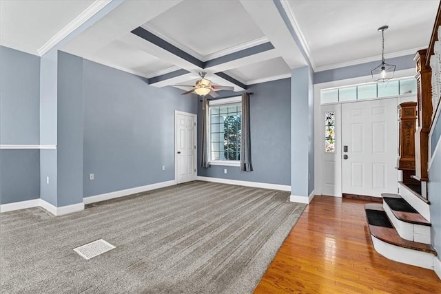 224 Bronx Ave, West View, PA 15229 - foyer featuring crown molding, coffered ceiling, stairway, ceiling fan, and beam ceiling