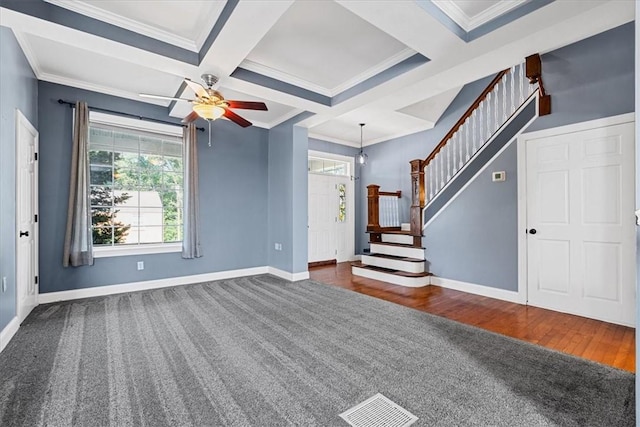 224 Bronx Ave, West View, PA 15229 - unfurnished living room featuring dark carpet, stairs, ceiling fan, ornamental molding, and beamed ceiling