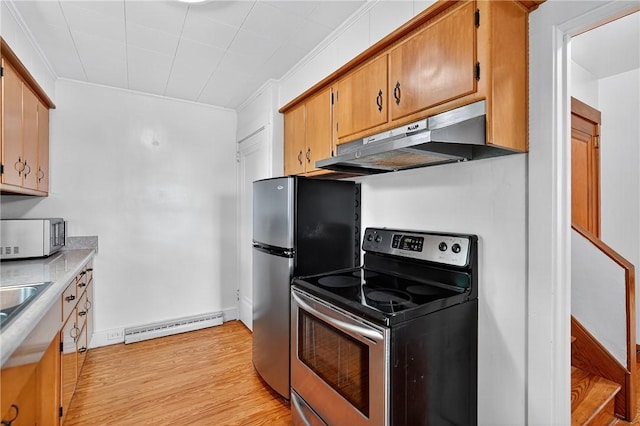 1605 Maratta Rd, Hopewell Twp, PA 15001 - kitchen with stainless steel range with electric cooktop, a baseboard heating unit, under cabinet range hood, white microwave, and crown molding