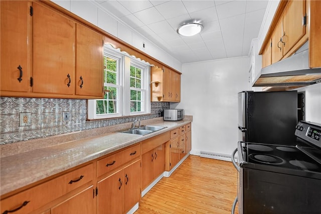 1605 Maratta Rd, Hopewell Twp, PA 15001 - kitchen with electric stove, under cabinet range hood, light countertops, freestanding refrigerator, and ornamental molding