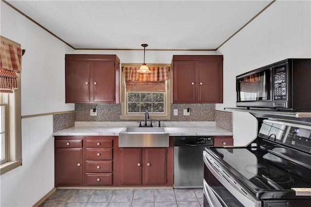 1255 Park Pl, Beaver, PA 15009 - kitchen with stainless steel range with electric stovetop, black microwave, dishwashing machine, decorative backsplash, and hanging light fixtures
